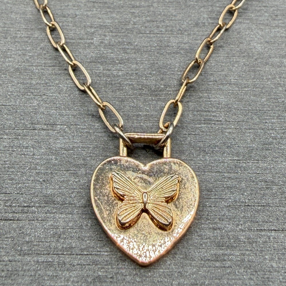 Gold Tone Butterfly Heart Lock Pendant Paperclip Chain Necklace Cottagecore Gift
